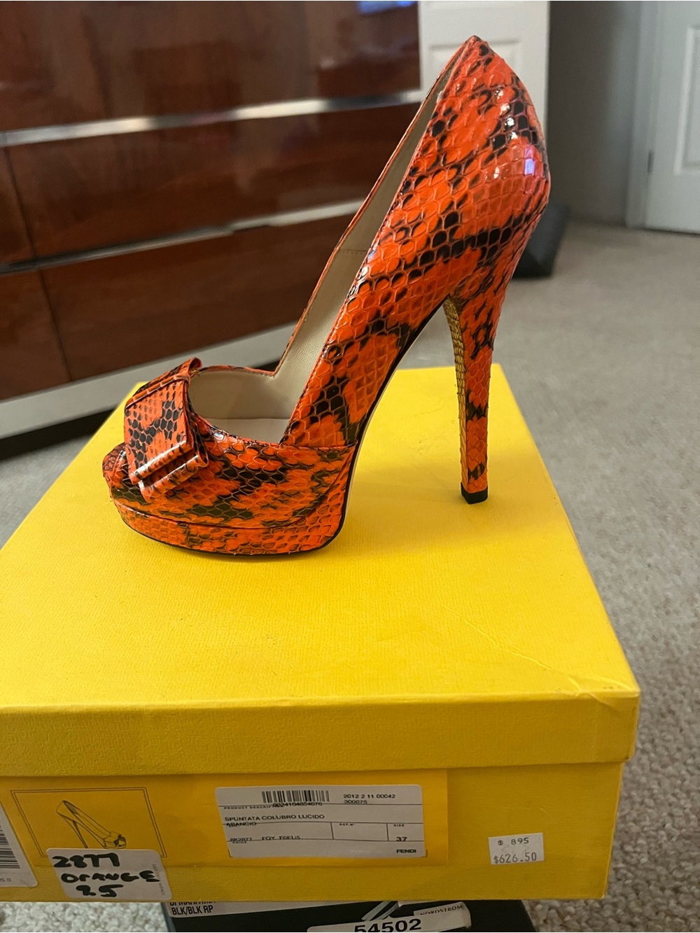 Fendi Orange and Black Snake-Print Peep-Toe Platform Pump